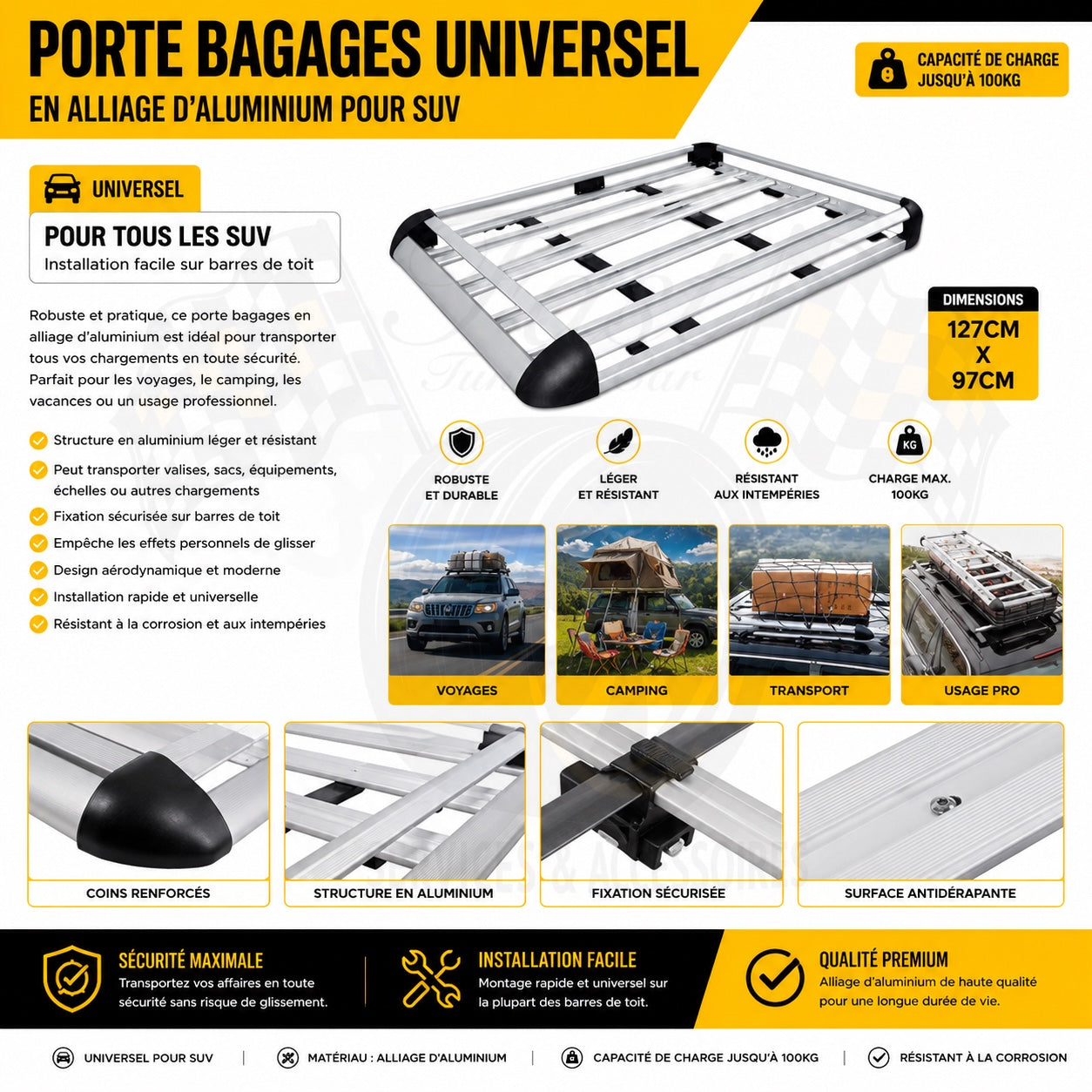 Porte-bagages universel en aluminium 127 x 97 cm pour SUV