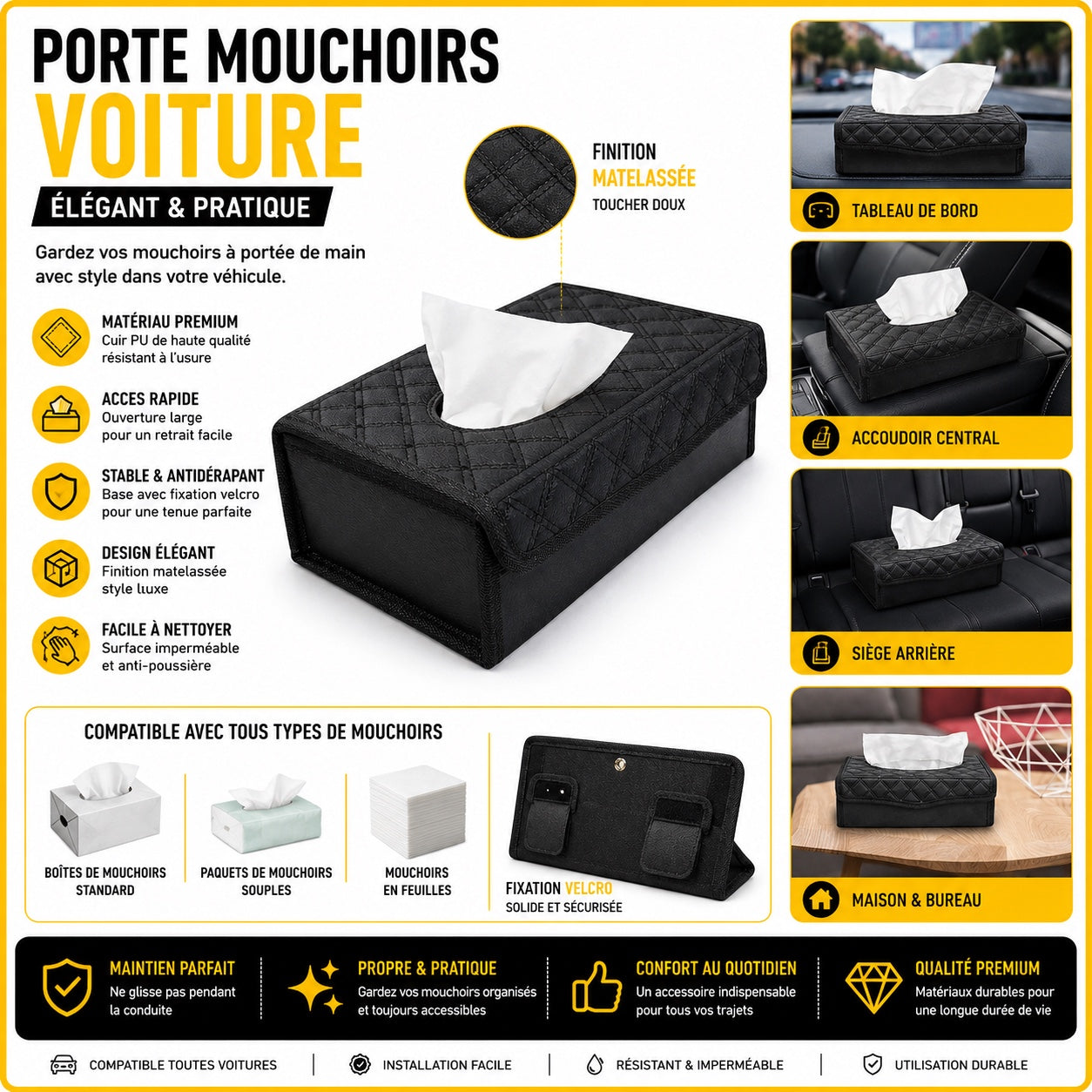 Porte-mouchoirs voiture matelassé noir