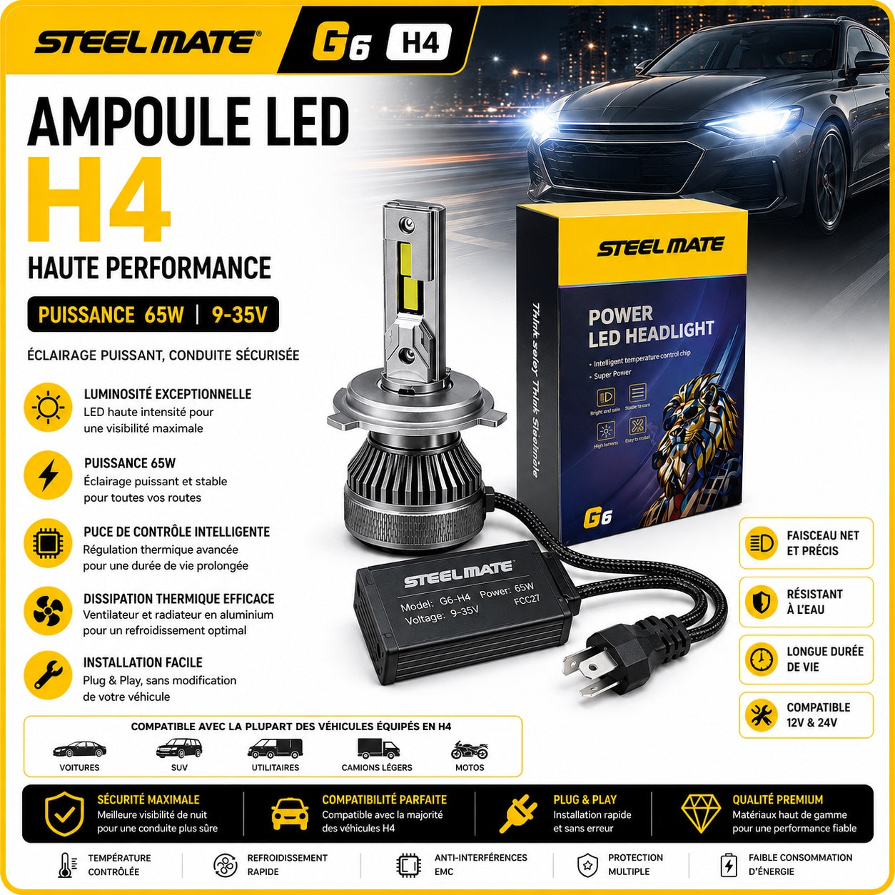 Kit ampoules LED Steelmate G6 H4 65W