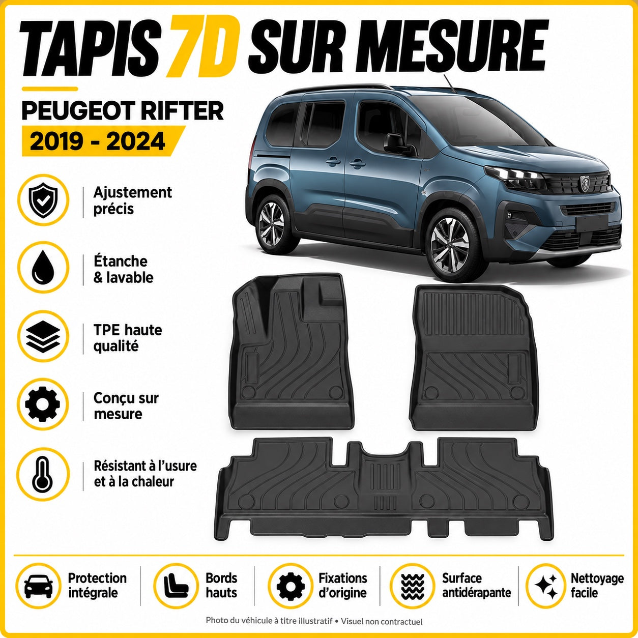 Tapis 7D sur mesure Peugeot Rifter 2019-2024