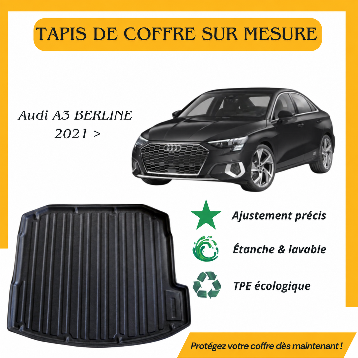 Tapis de coffre sur mesure Audi A3 Berline 2021 >