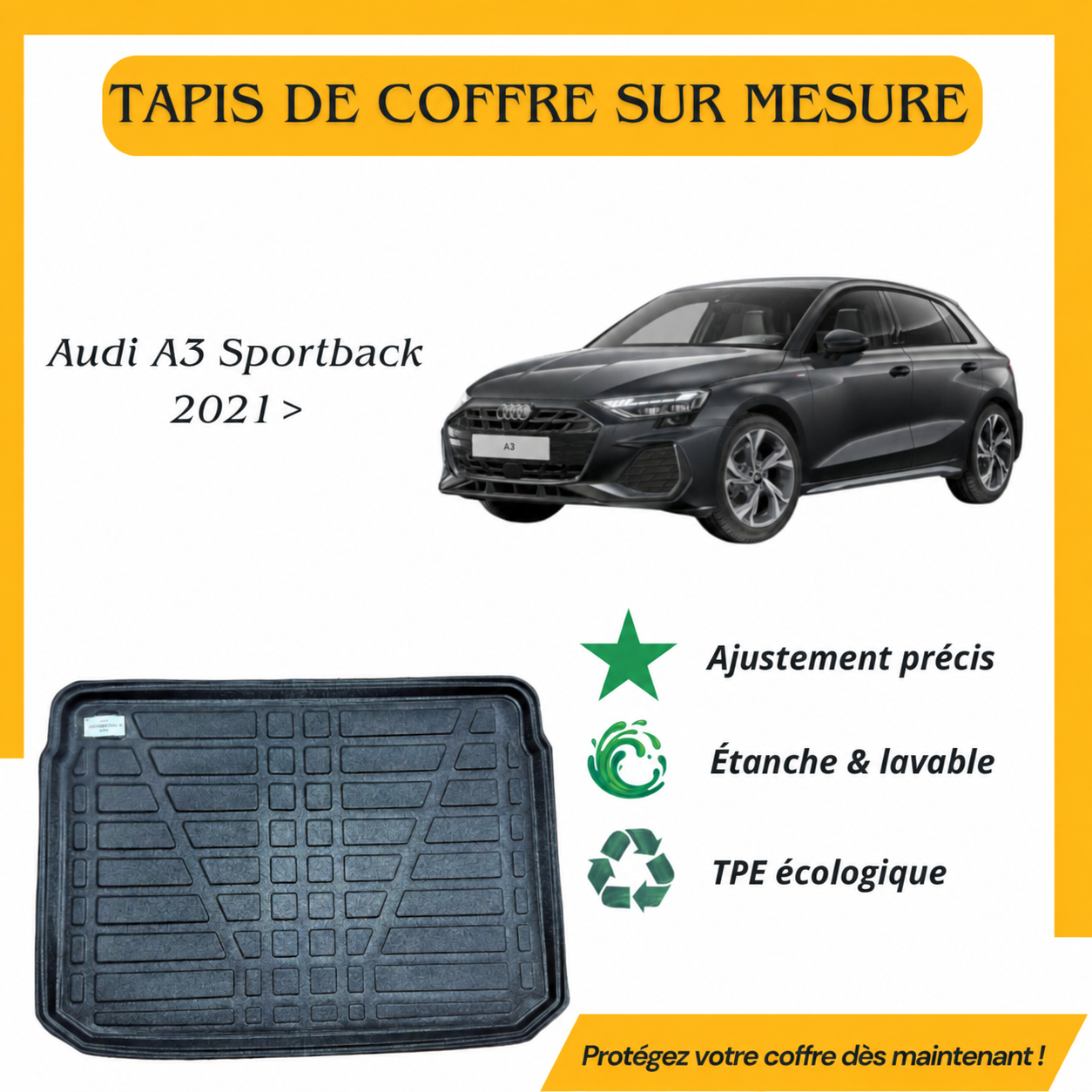 Tapis de coffre sur mesure Audi A3 Sportback 2021 >