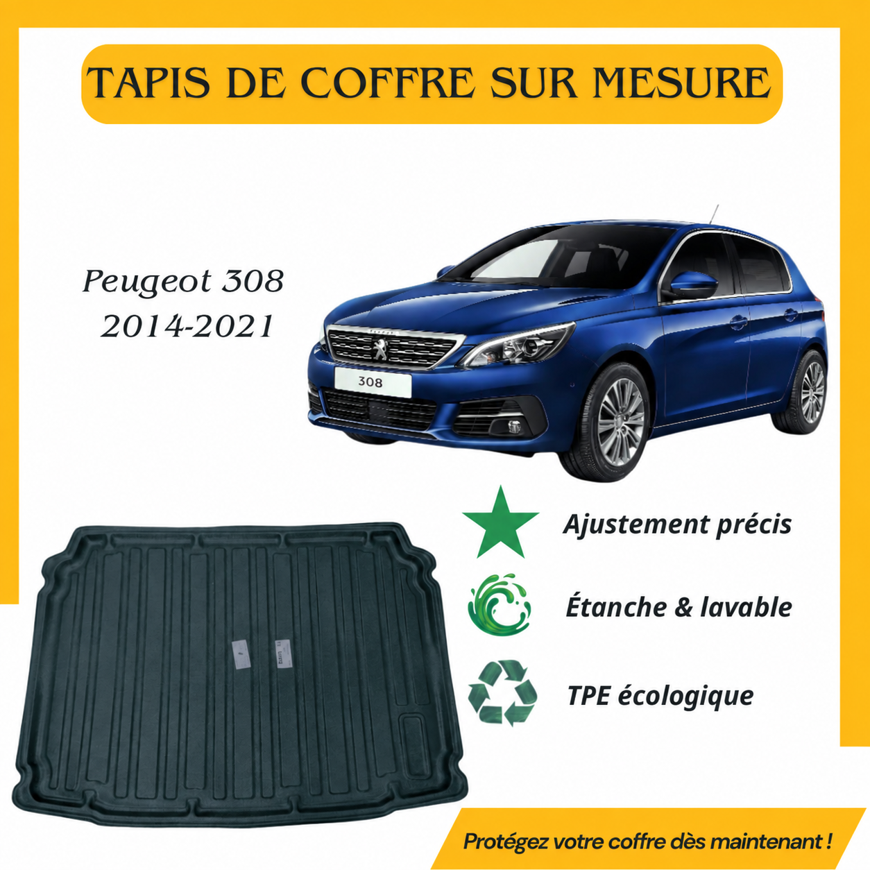 Tapis de coffre sur mesure Peugeot 308 2014-2021