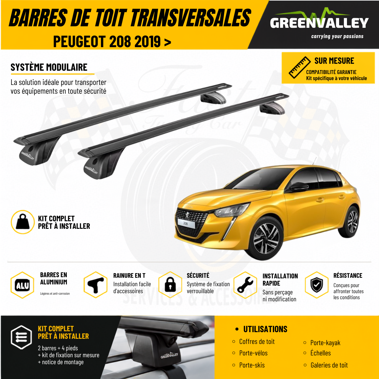 Barres de toit transversales Green Valley noir pour Peugeot 208 2019 >