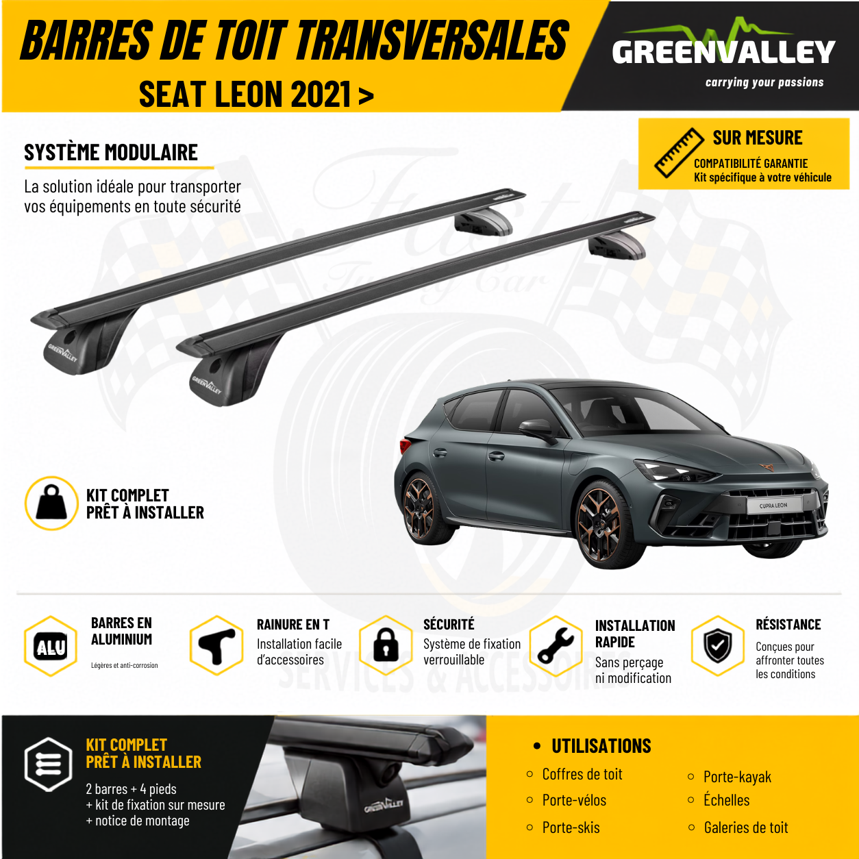 Barres de toit transversales Green Valley noir pour Seat Leon 2021 >